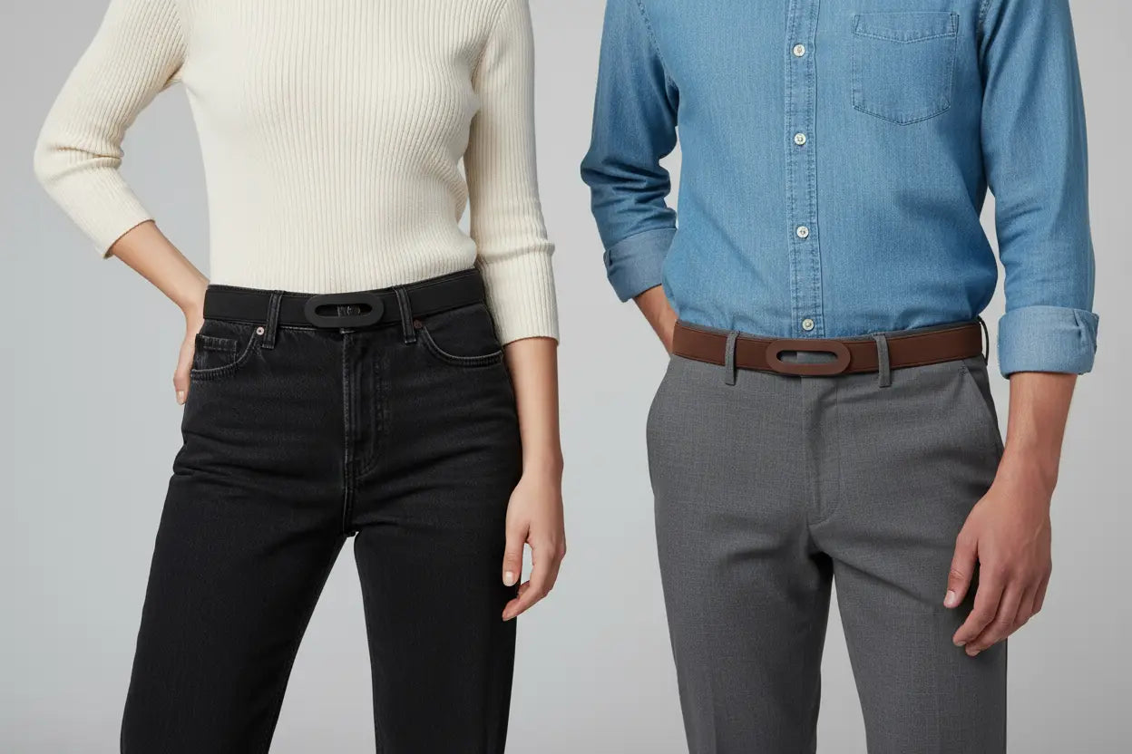 Brown leather belt with silver buckle in striped elastic collection