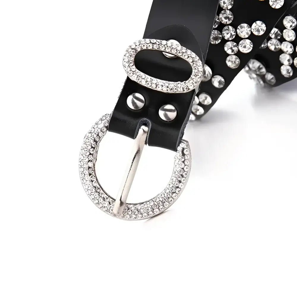 Allisa Model rhinestone belt with black leather and studded design for fashion elegance
