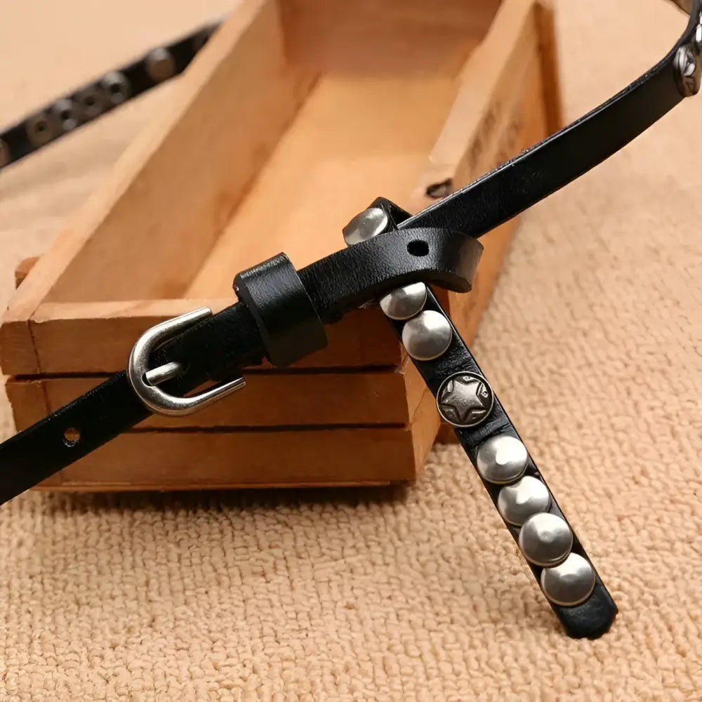 Black studded women’s leather belt from Alpui Women’s Leather Studded Belt Collection