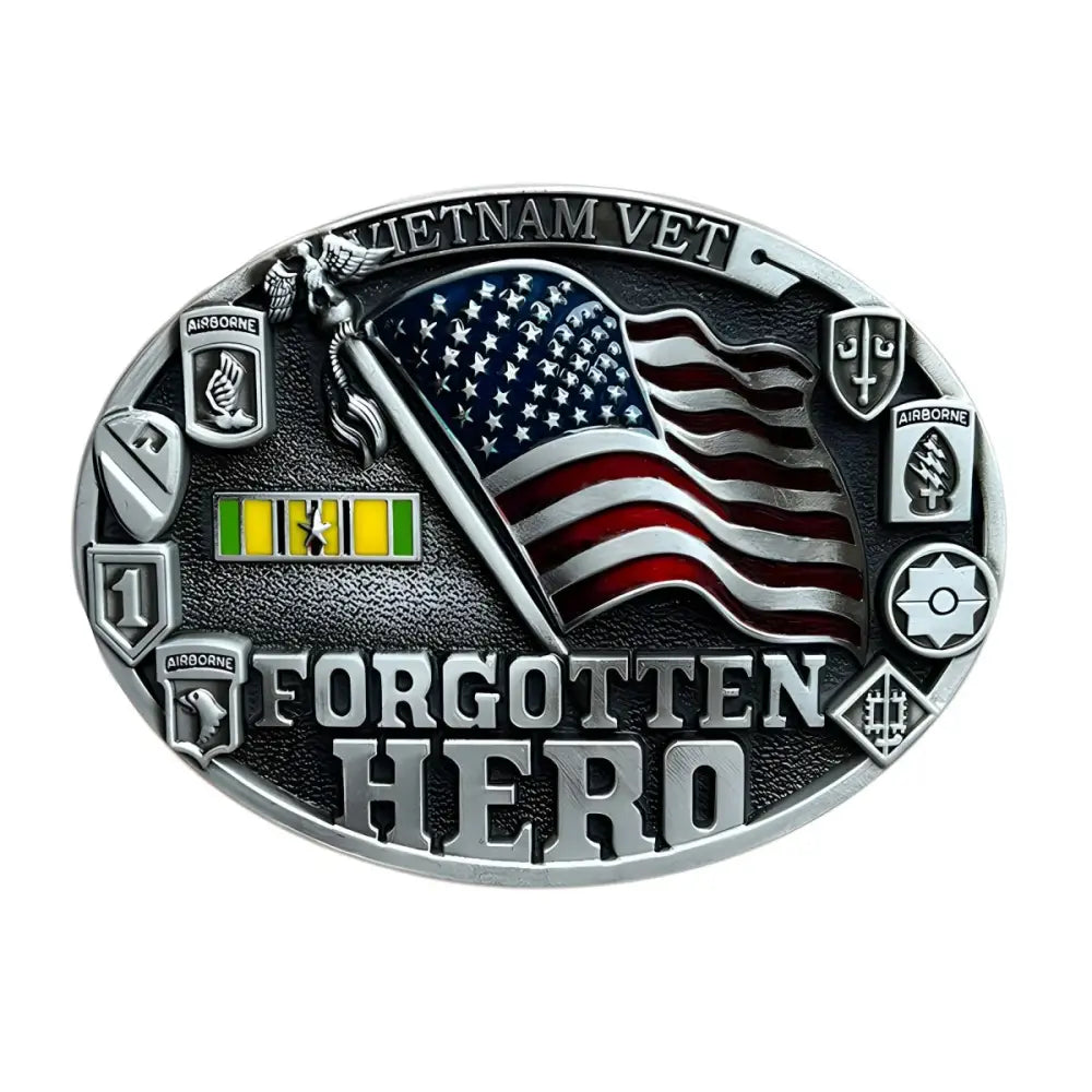 Oval belt buckle featuring American flag honoring forgotten heroes and their sacrifices