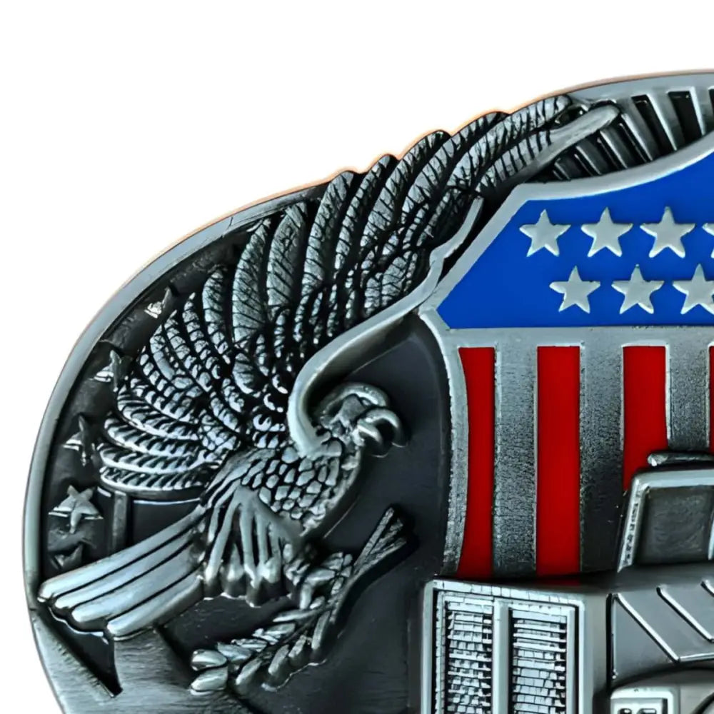 American eagle and flag emblem on American Trucker Belt Buckle with truck-themed design