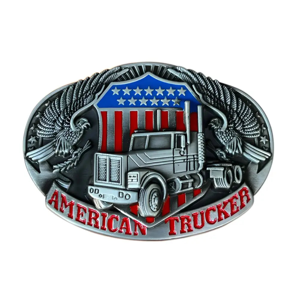 American trucker belt buckle with truck-themed design for authentic style