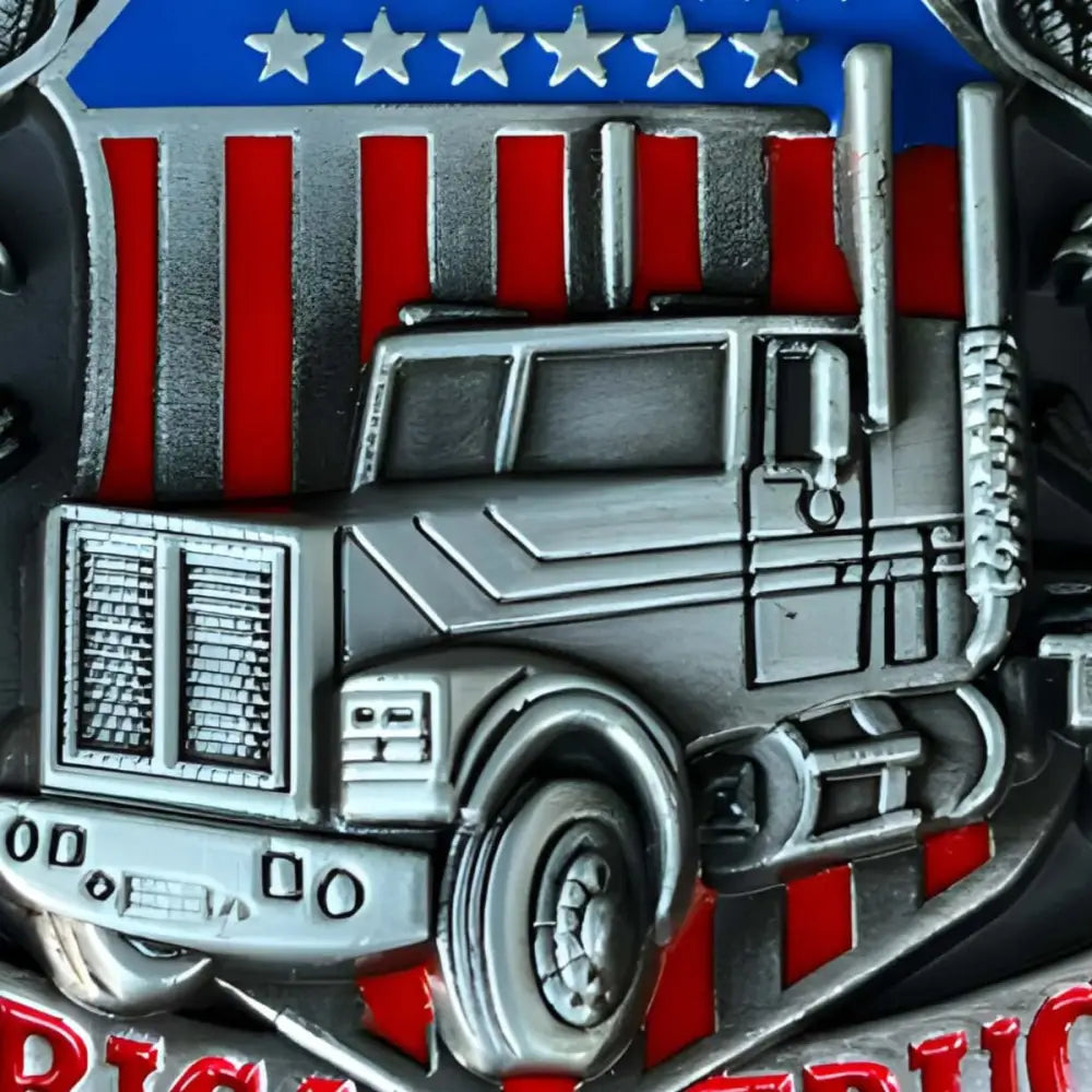 American Trucker belt buckle featuring a detailed truck-themed design for authentic style