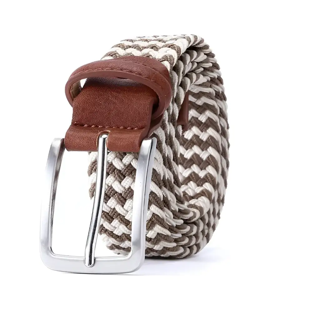 Assorted braided elastic belts with leather accents and metal buckle for stylish wear