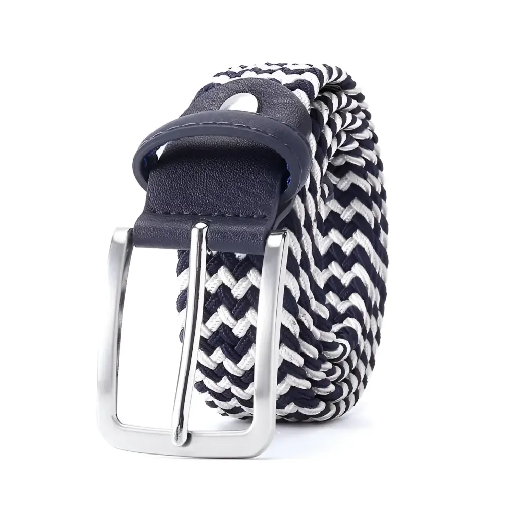 Braided black and white elastic belt with leather accents and silver buckle