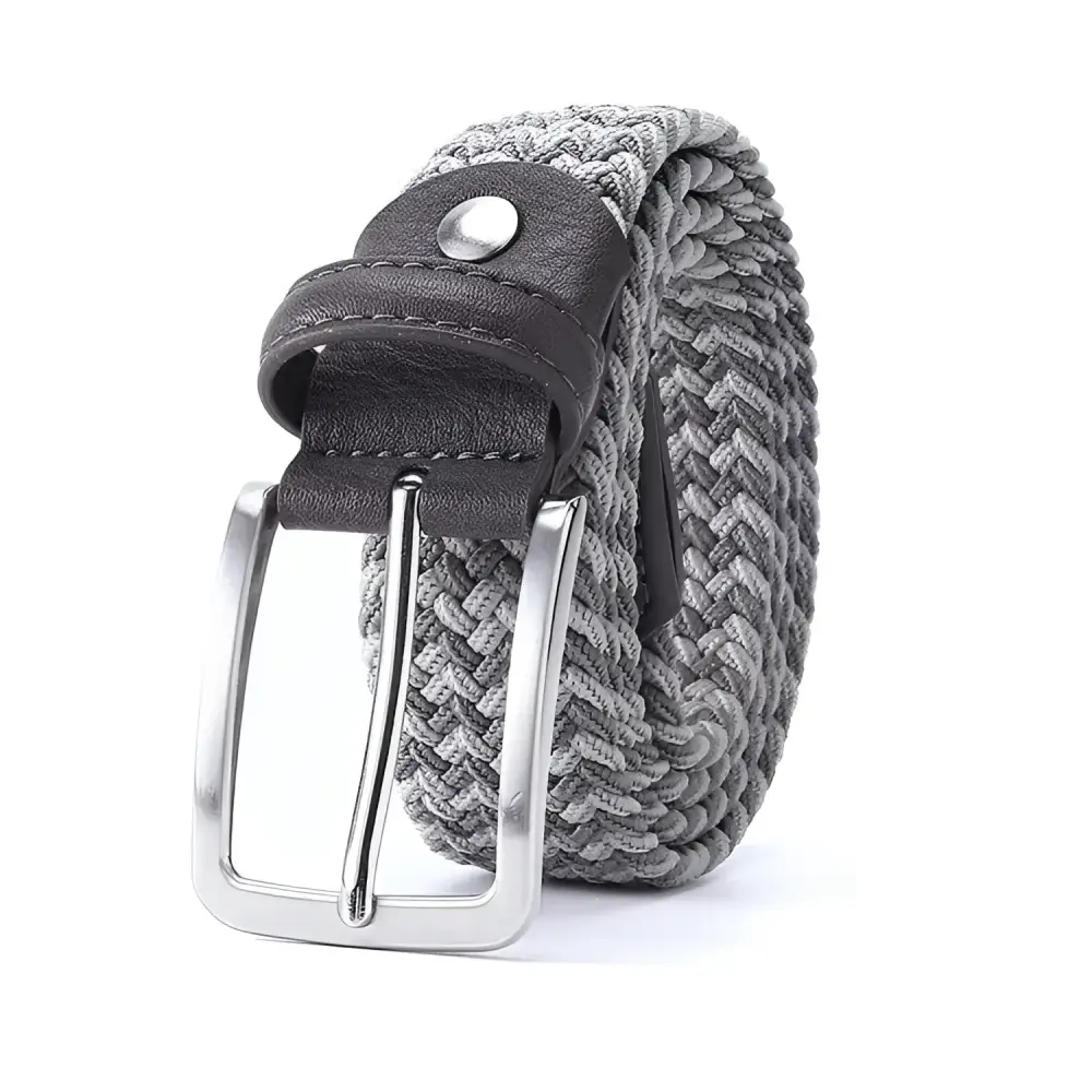 Gray braided belt with silver buckle from Assorted Braided Elastic Belts with Leather Accents