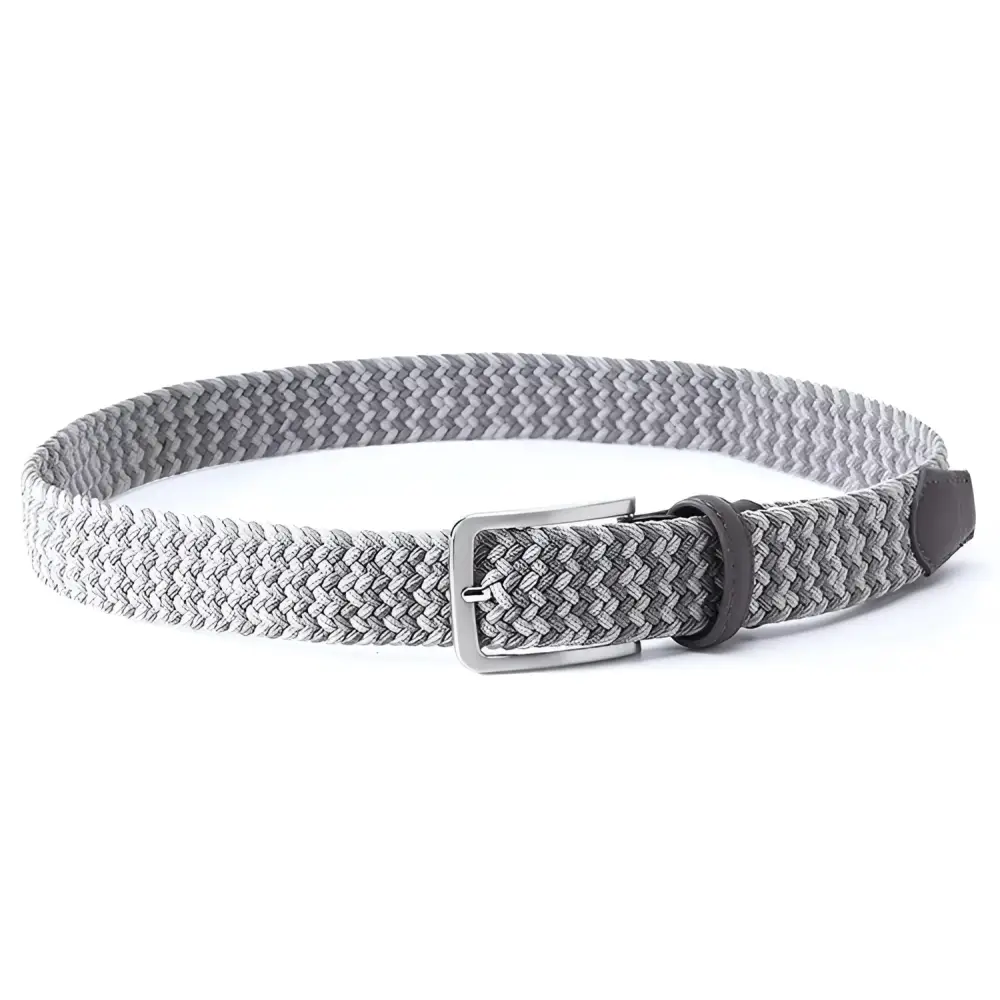 Gray and white braided elastic belt with leather accents for versatile fashion styling