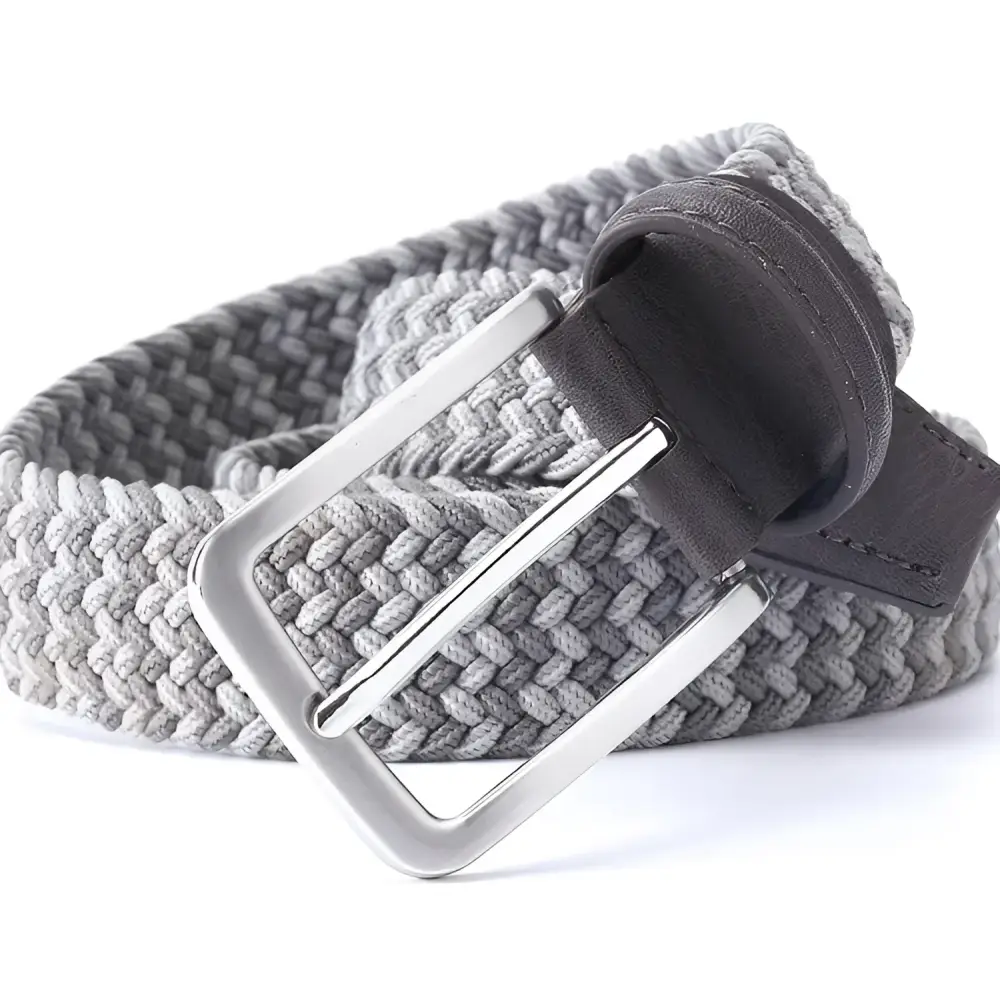 Gray woven belt with silver buckle from Assorted Braided Elastic Belts with Leather Accents