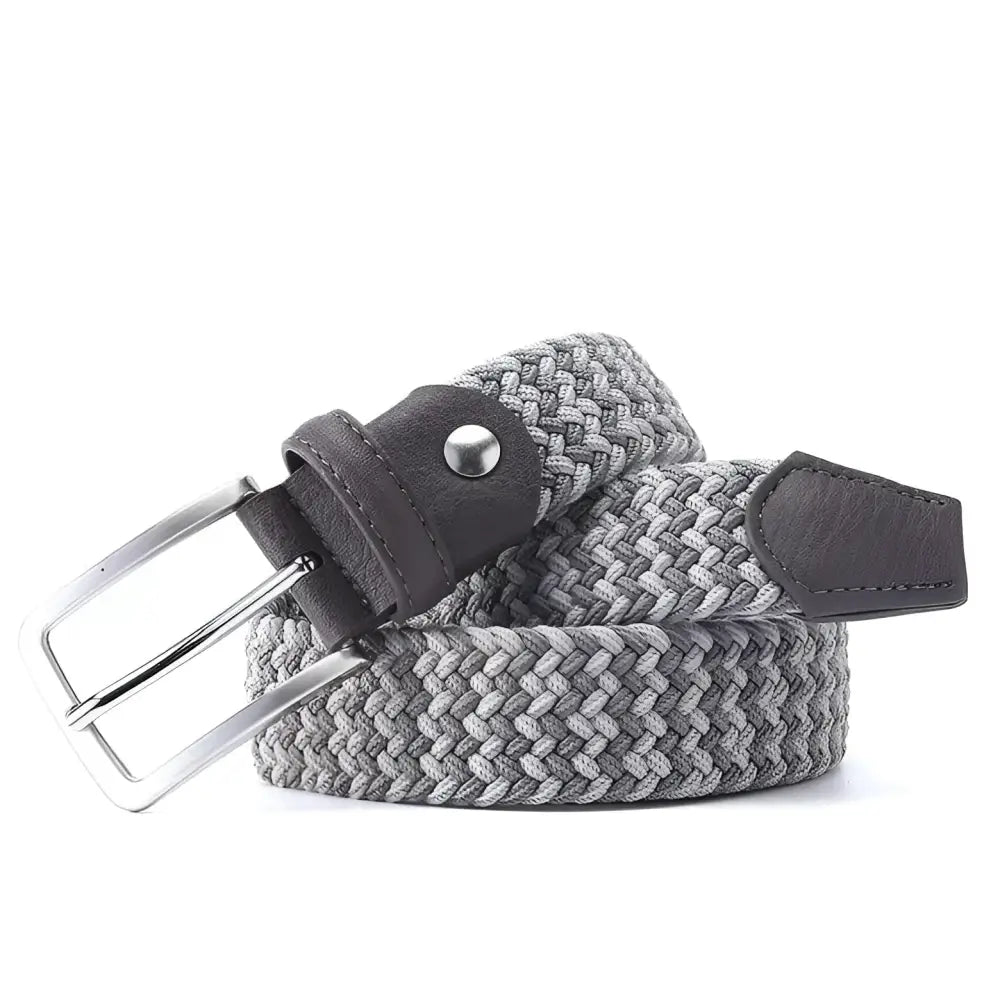Gray woven belt with silver buckle from Assorted Braided Elastic Belts with Leather Accents