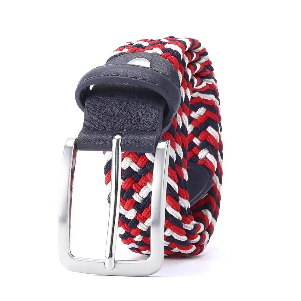 Red, white, and blue braided elastic belt with leather accents and silver buckle