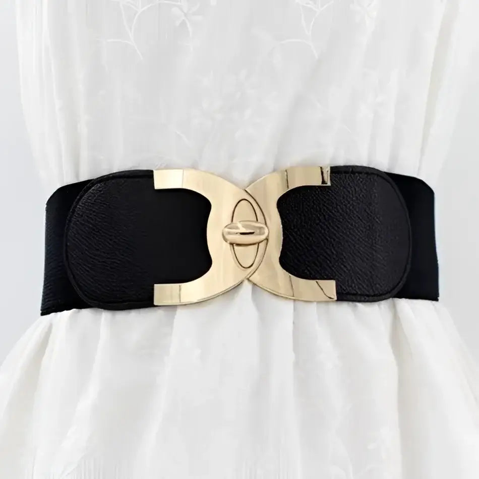 Black elastic belt with gold buckle from Assorted Elastic Waist Belts with Decorative Buckles