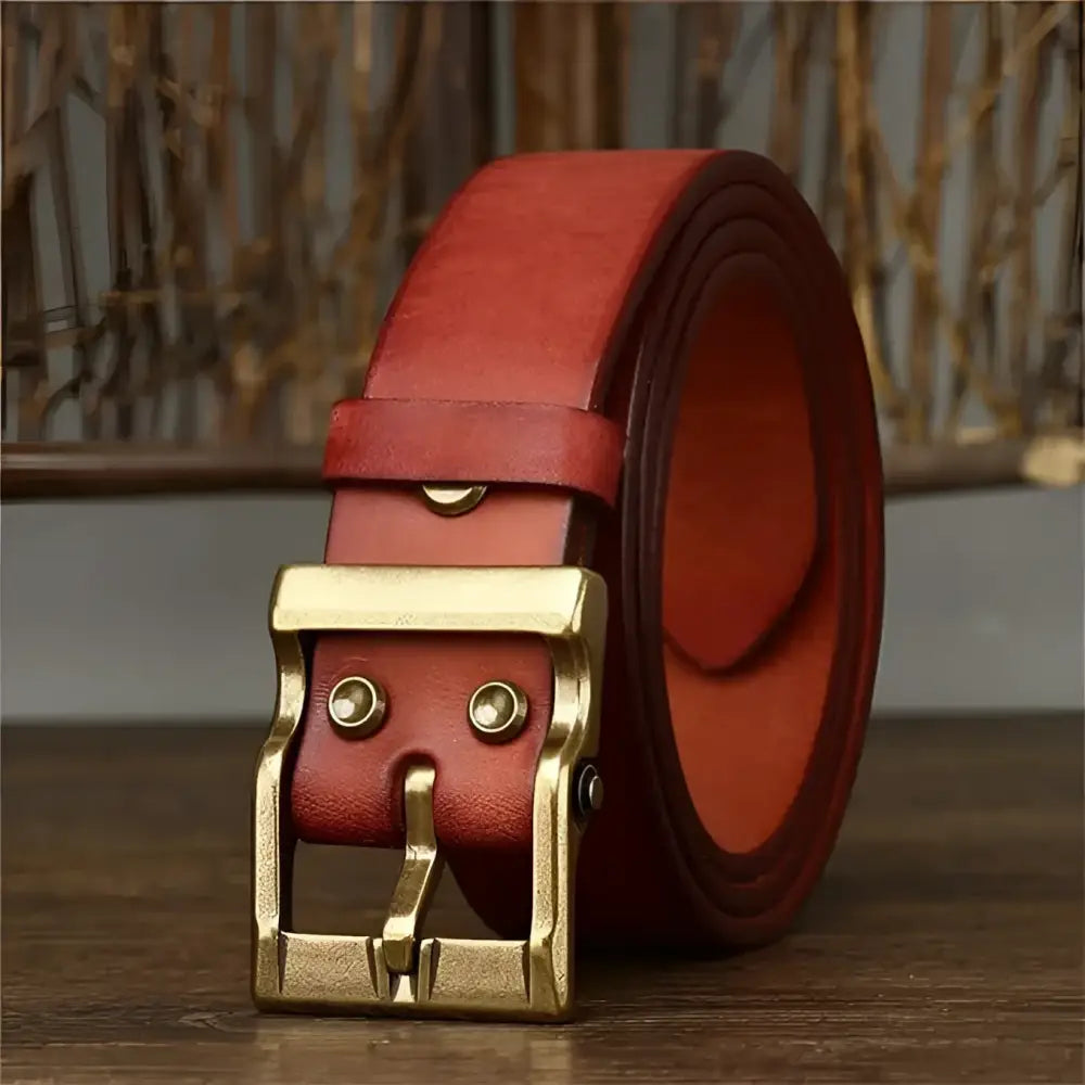 Rolled brown grain leather belt with brass buckle from Assorted Grain Leather Belts collection