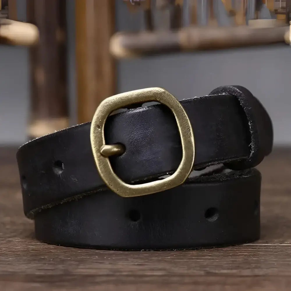 Black leather belt with brass buckle displayed in Assorted Green Leather Belts with Brass Buckles