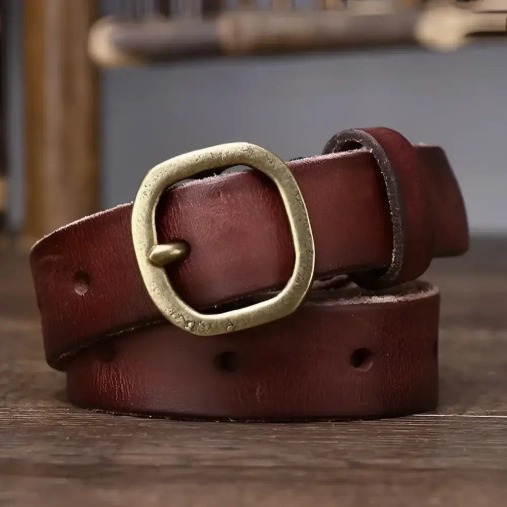 Assorted Green Leather Belts with Brass Buckles showcasing Burgundy leather belt with brass buckle