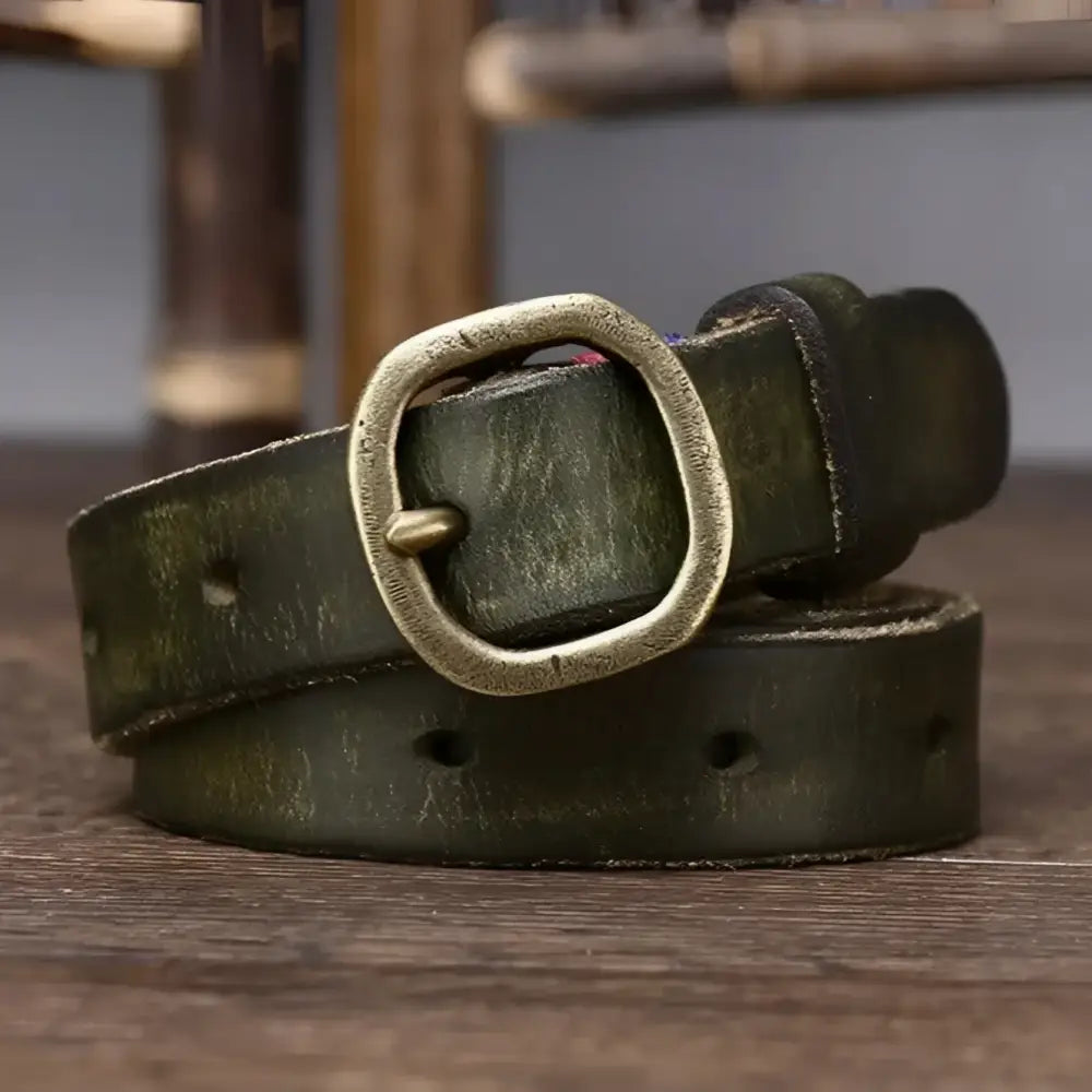 Distressed green leather belt with brass buckle from Assorted Green Leather Belts collection