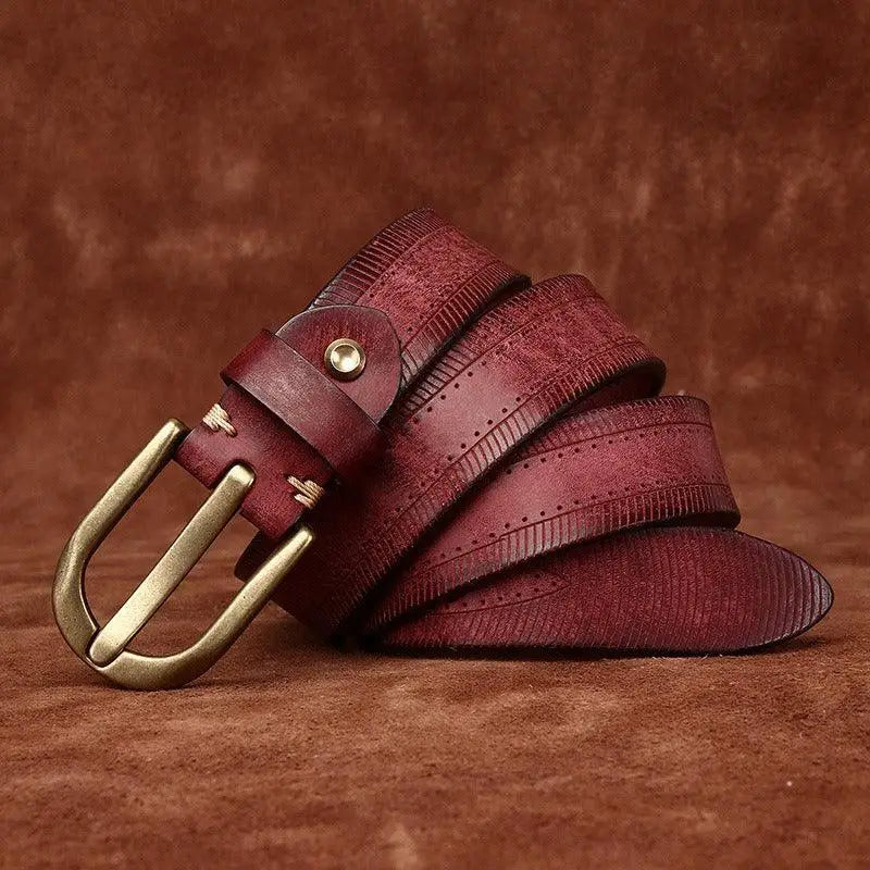 Maroon leather belt with brass buckle from Assorted Leather Belts with Brass Buckles