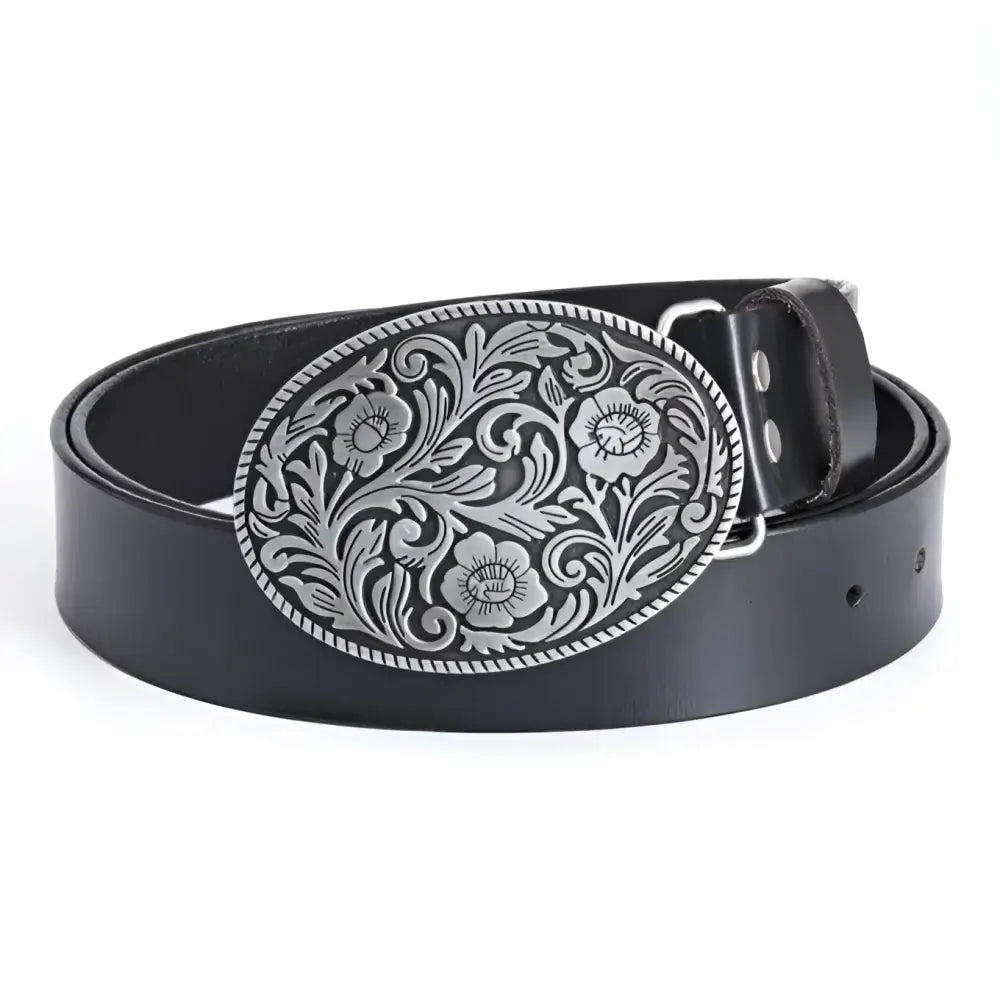 Black leather belt featuring a floral silver buckle from Assorted Leather Belts with Ornate Buckles