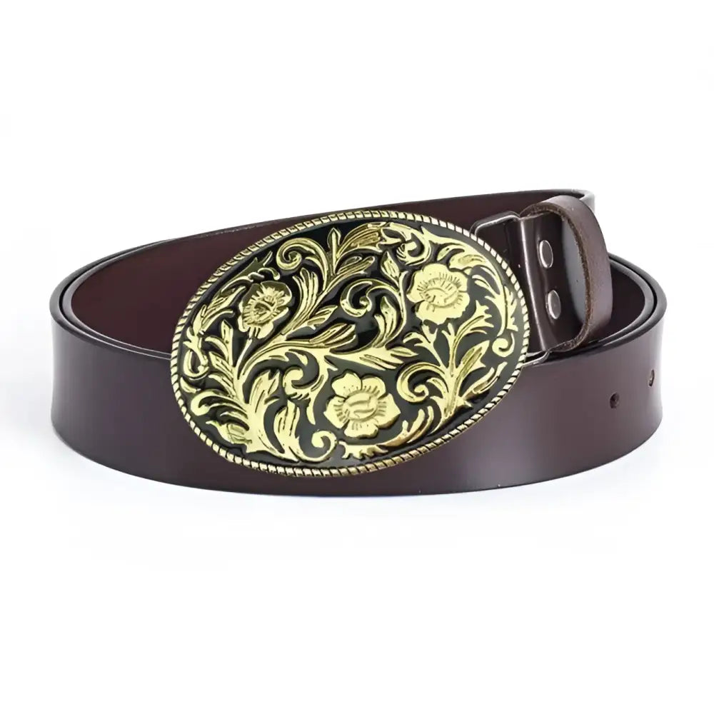 Brown leather belt with an ornate floral buckle from the Assorted Leather Belts collection