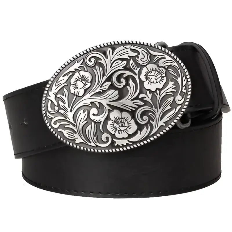 Black leather belt with ornate silver buckle from Assorted Leather Belts with Ornate Buckles collection