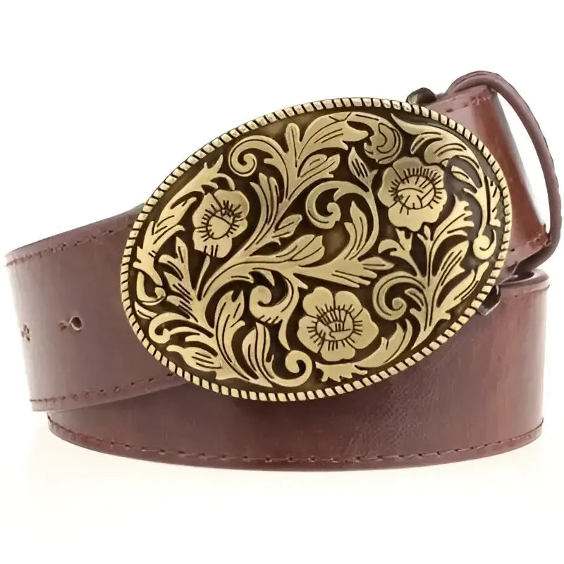 Brown leather belt with an ornate gold buckle from Assorted Leather Belts with Ornate Buckles