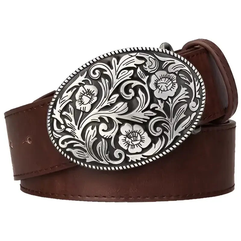 Brown leather belt featuring an ornate silver buckle from Assorted Leather Belts collection