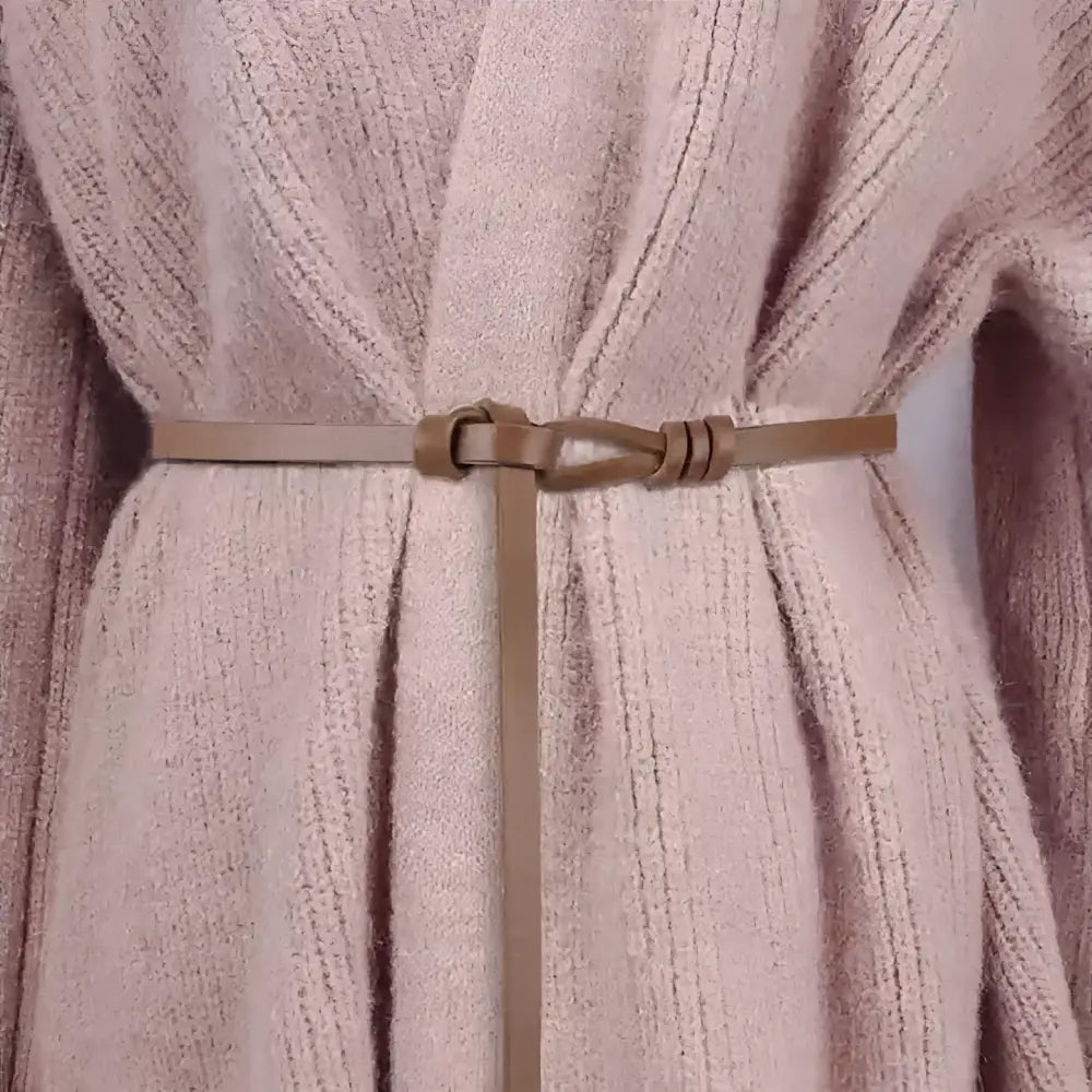 Light brown leather tie belt on pink cardigan from Assorted Leather Tie Belts collection