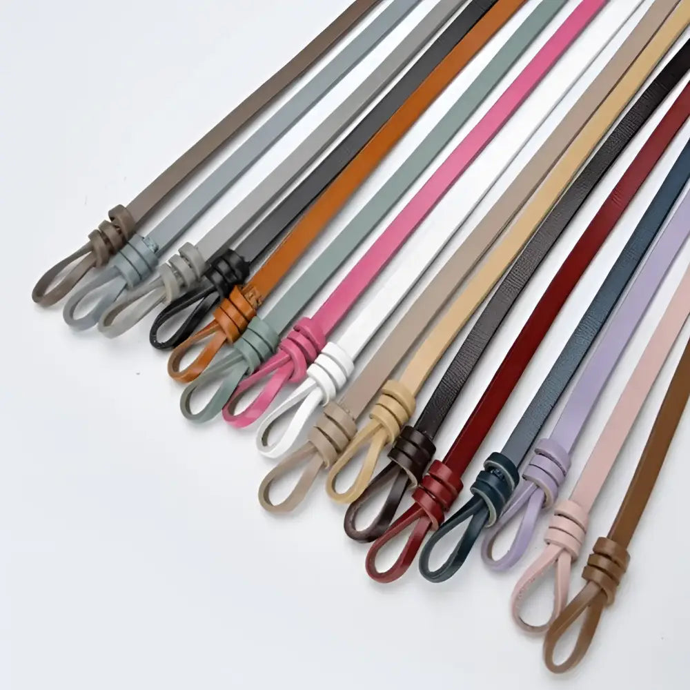 Assorted leather tie belts and slim leather belt for stylish accessory options