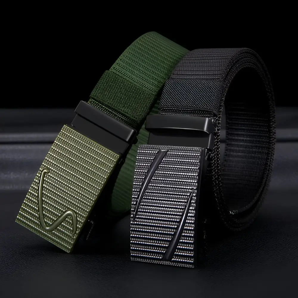 Pair of nylon web belts with green straps and black buckles for versatile wear