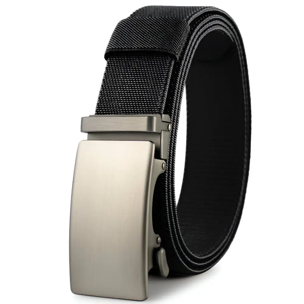 Black nylon belt with a silver buckle from Assorted Nylon and Fabric Web Belts collection