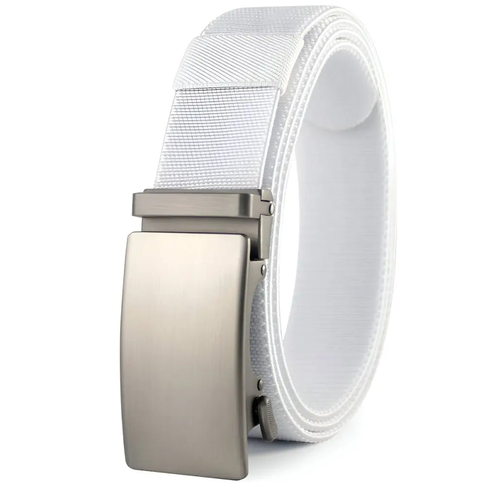 White fabric belt with silver metal buckle from Assorted Nylon and Fabric Web Belts collection