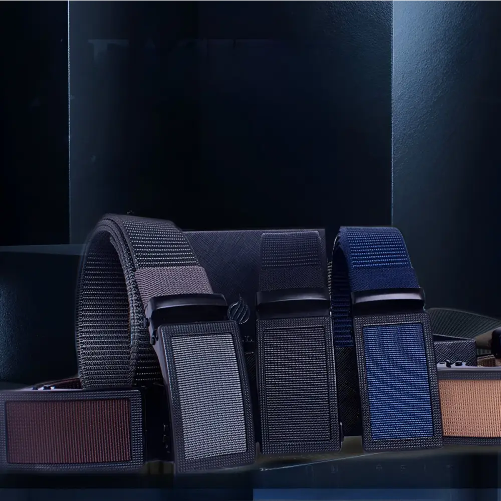 Assorted ratchet belts with textured automatic buckles displayed in gift packaging