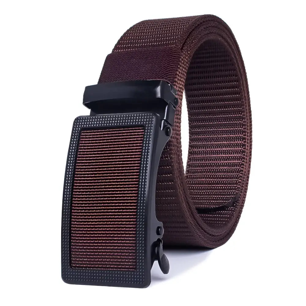 Brown nylon belt with black automatic buckle in assorted ratchet belts product display