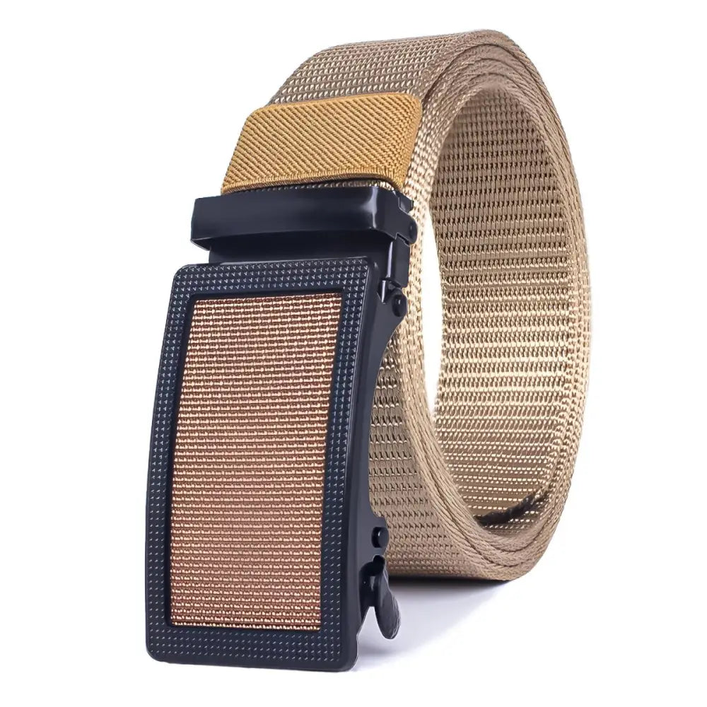 Tan nylon belt with black buckle from Assorted Ratchet Belts with Automatic Buckles and Gift Packaging