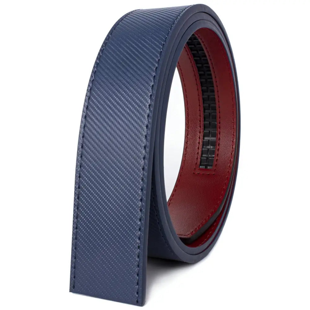 Blue and red ratchet belt featured in Assorted Textured and Colorful Leather Watch and Belt Straps