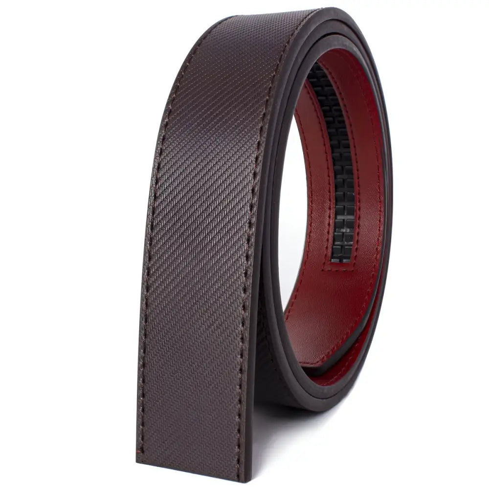 Brown leather ratchet belt displayed among assorted textured and colorful leather watch and belt straps