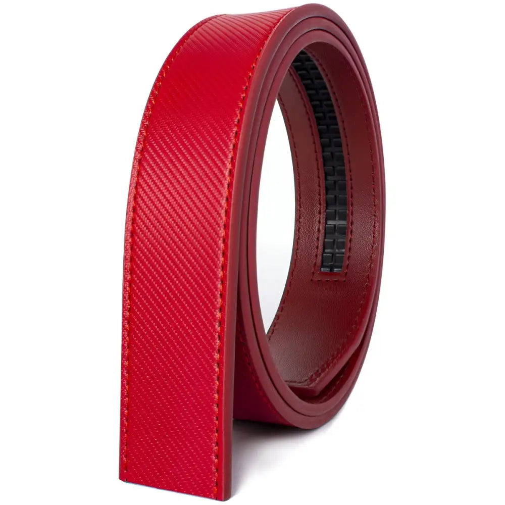 Red leather ratchet belt displayed in Assorted Textured and Colorful Leather Watch and Belt Straps product