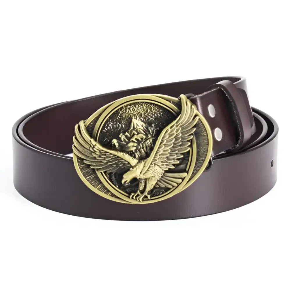 Atka leather belt with eagle buckle showcasing wild west style and craftsmanship