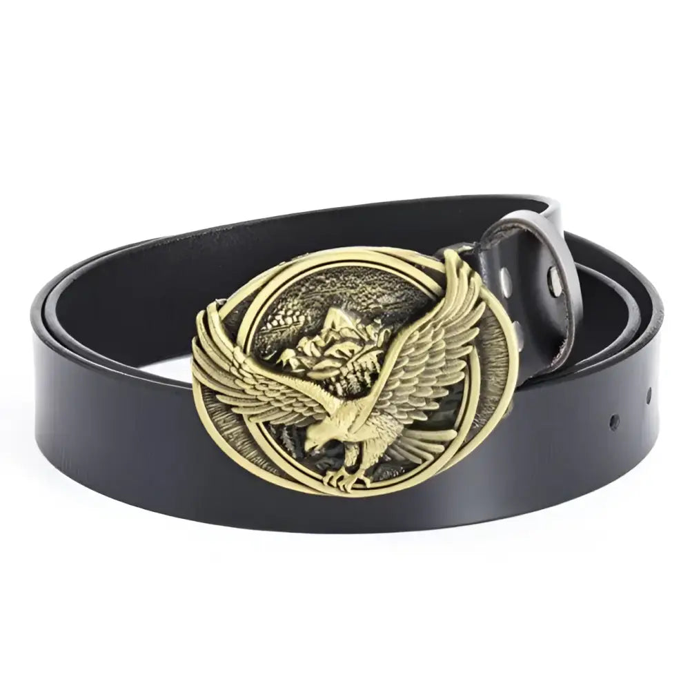 Atka Leather Belt with Eagle Buckle for Wild West Style showcasing black leather and detailed eagle buckle