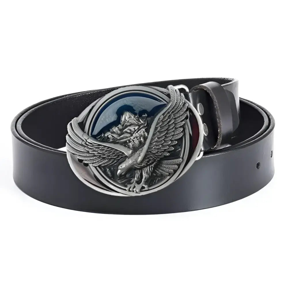Atka leather belt with eagle buckle for wild west style showcasing craftsmanship