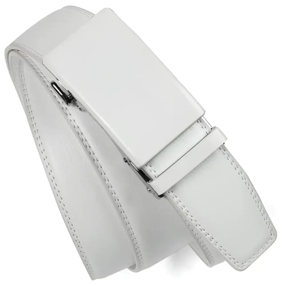 White leather Birgir belt with rectangular buckle for stylish suit accessory