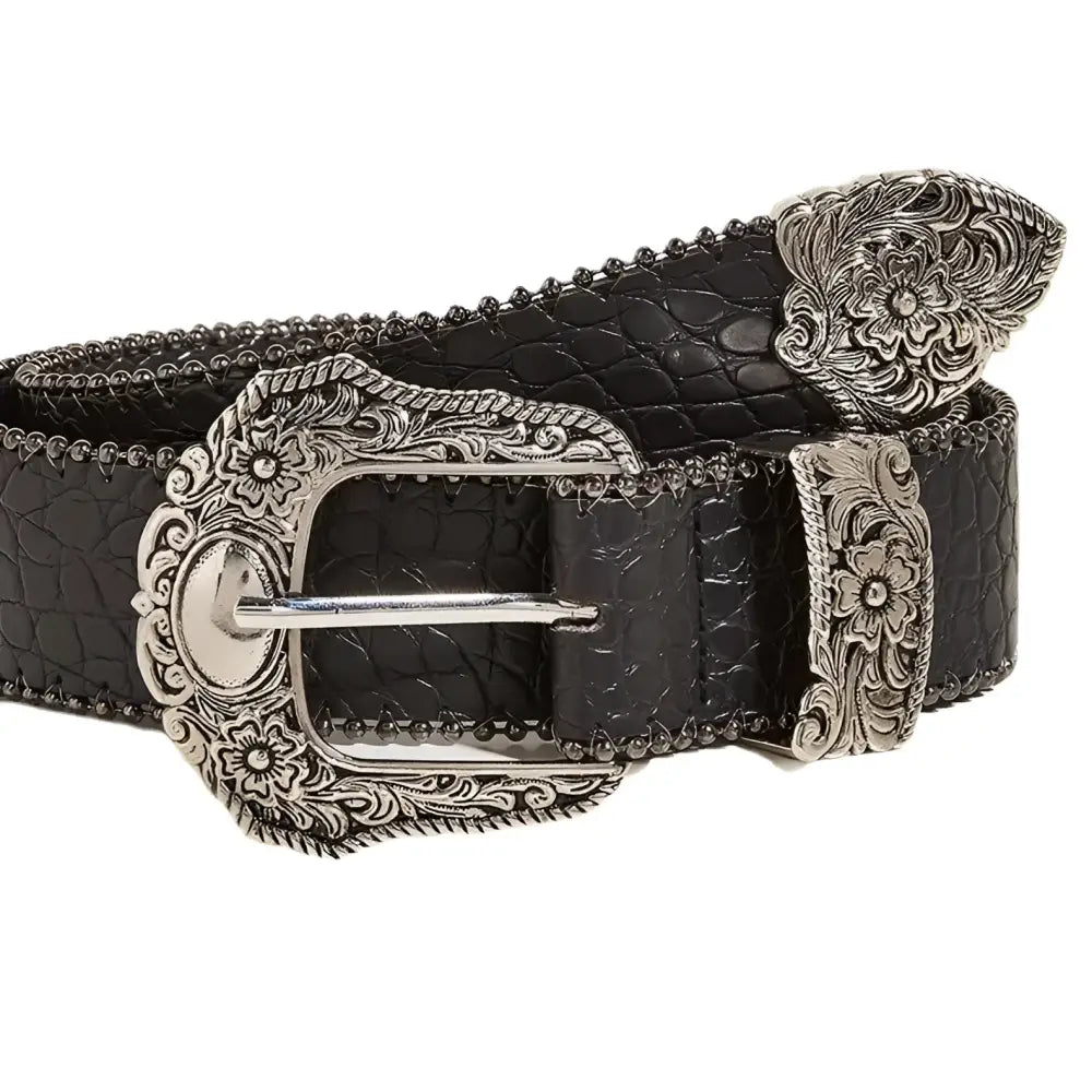 Black crocodile-pattern belt featuring an ornate silver buckle for stylish accessories