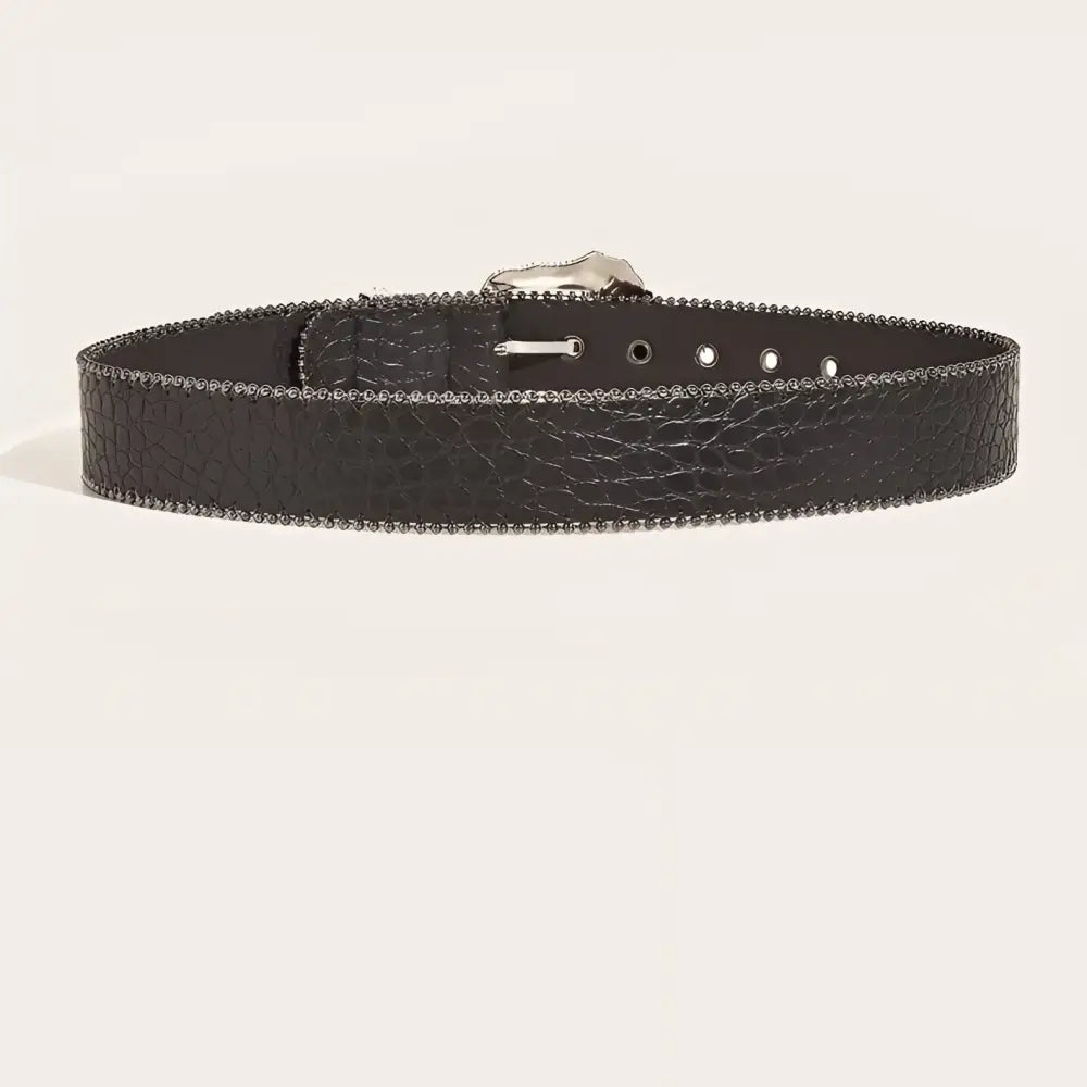 Black crocodile-patterned belt with ornate silver buckle and studded edges for stylish wear