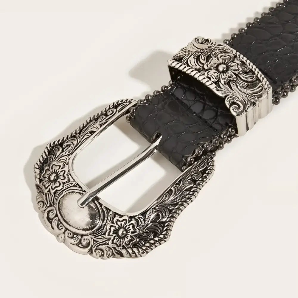 Black Crocodile-Pattern Belt featuring an ornate silver buckle for elegant style