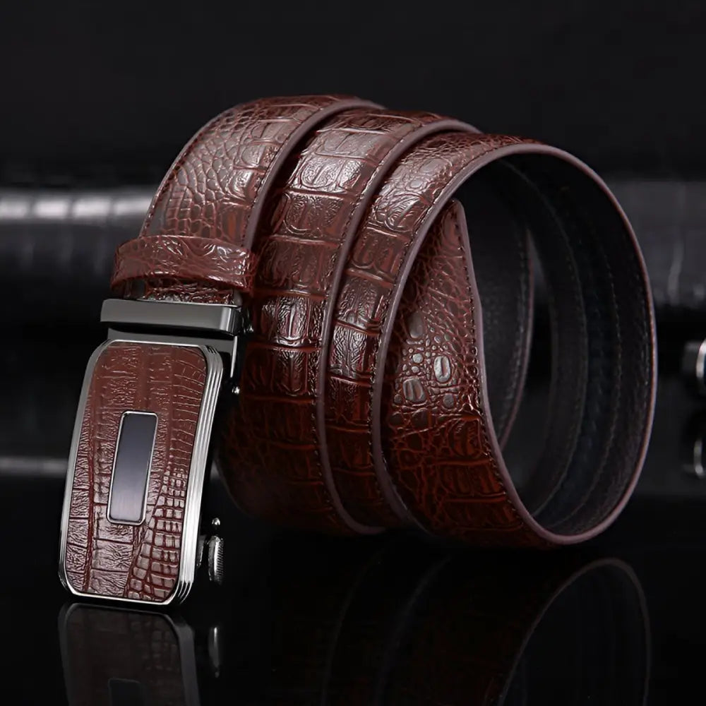 Black crocodile pattern leather belt with brown crocodile-textured design