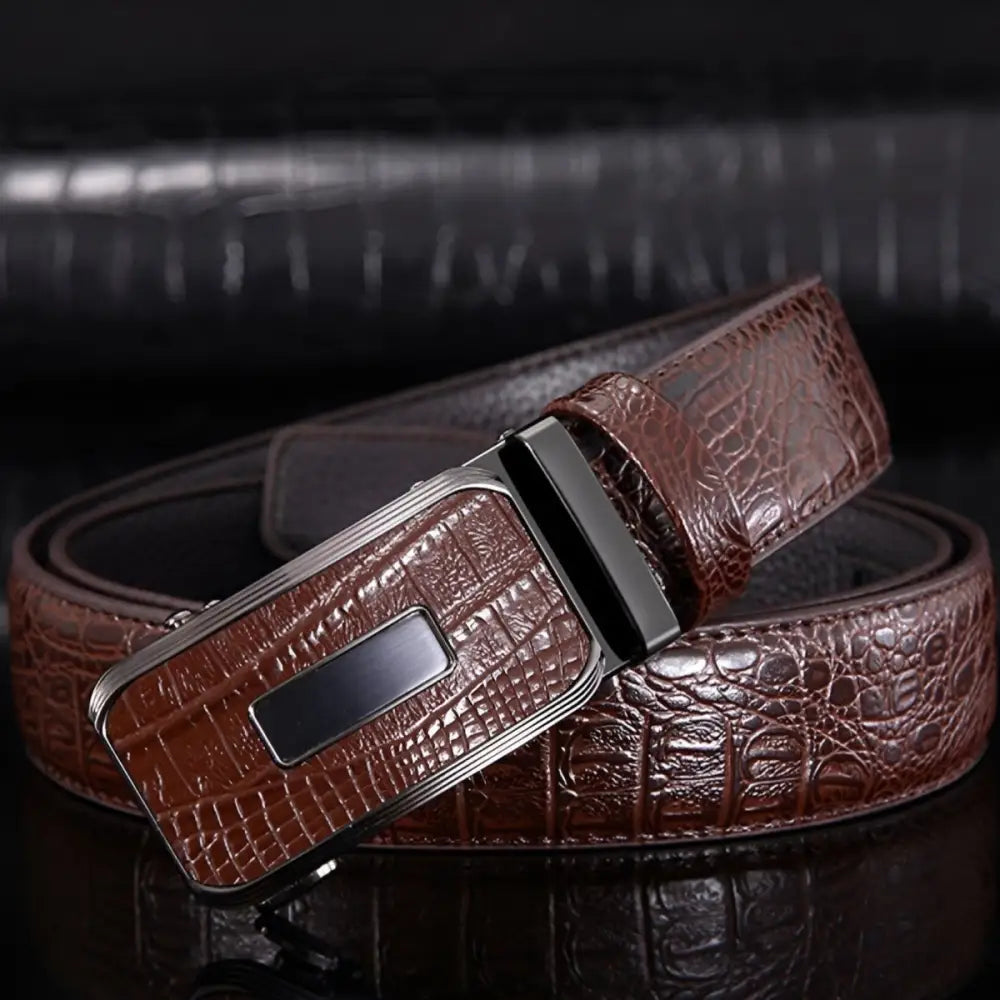 Black crocodile pattern leather belt with brown crocodile-patterned leather detail