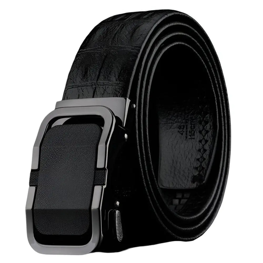 Black crocodile-pattern leather belt with gold metal buckle for elegant fashion