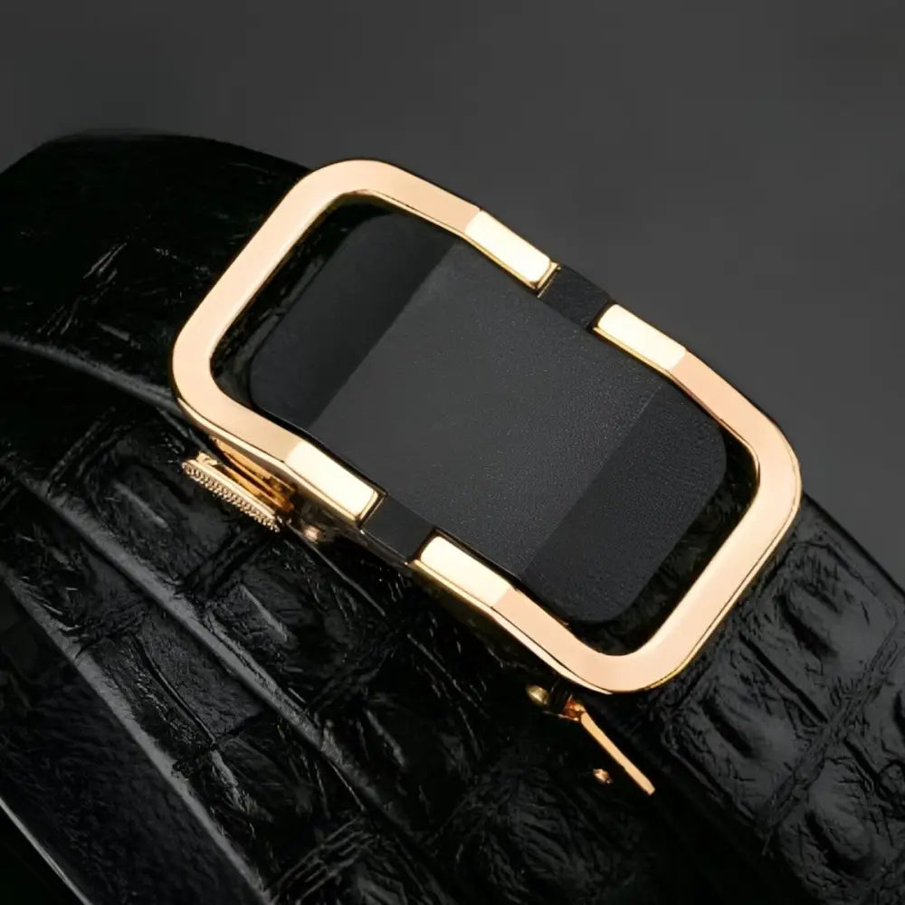 Black crocodile-pattern leather belt with gold buckle displayed in product listing