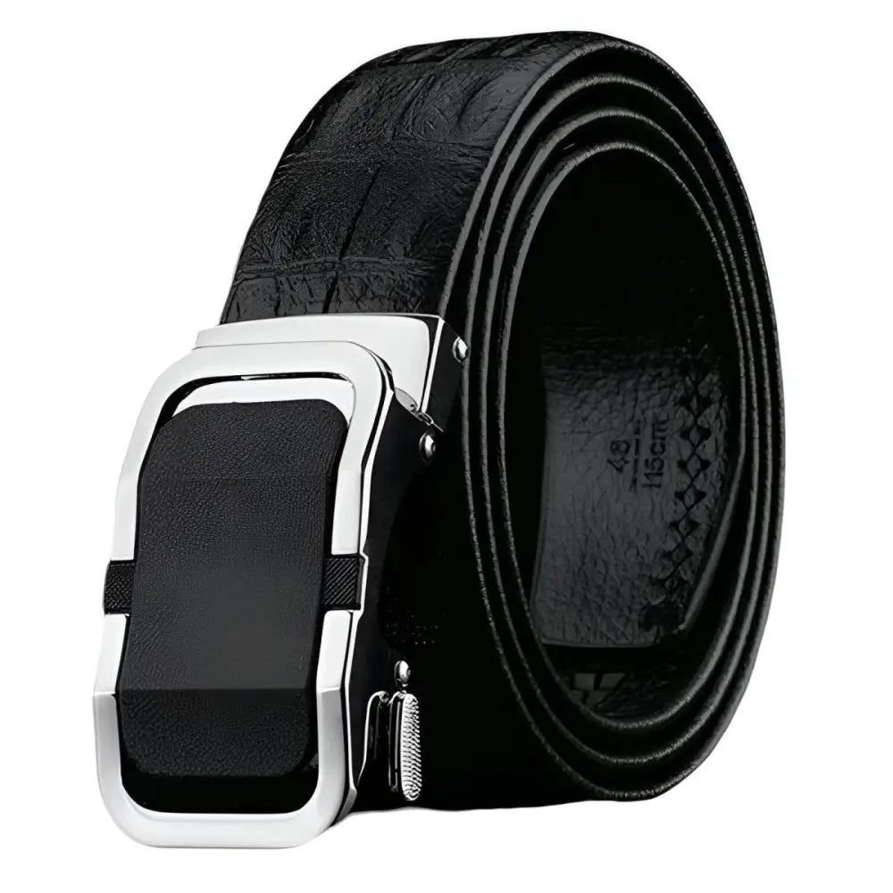 Black crocodile-pattern leather belt with silver buckle for a sophisticated appearance