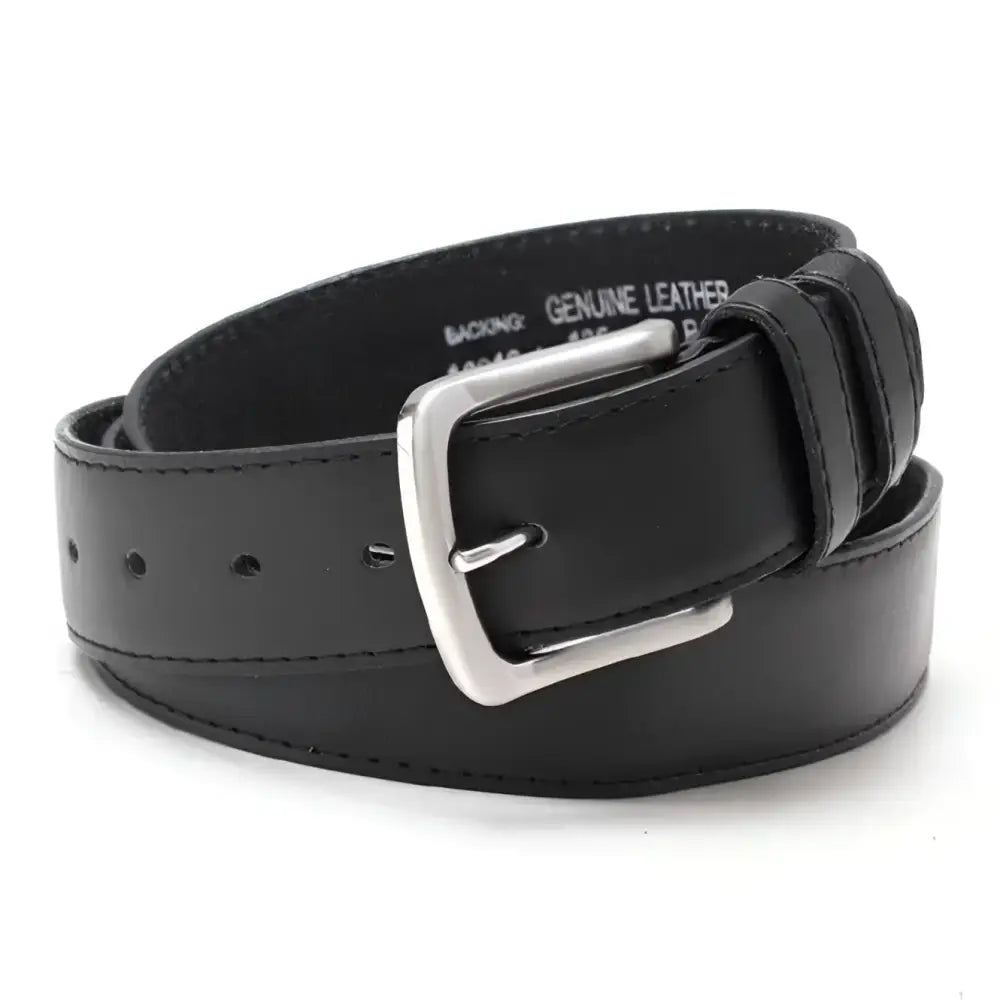 Black faux leather belt with silver buckle suitable for travel and personal style