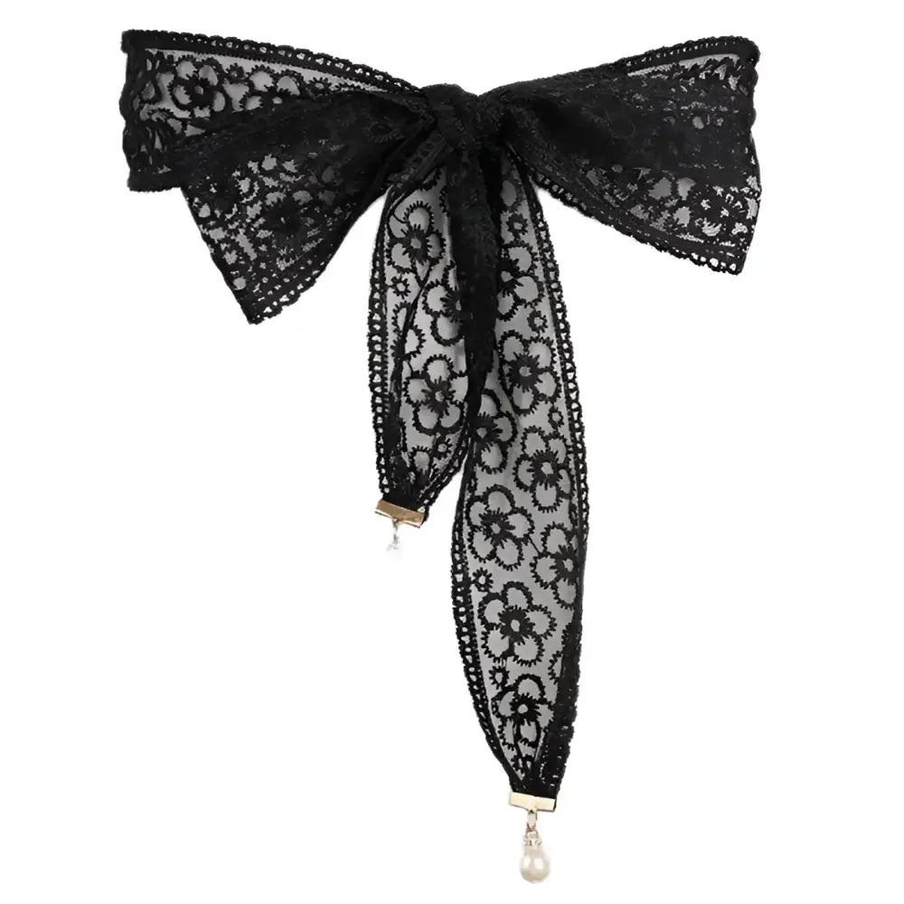 Black lace tie belt with pearl pendants, part of the Black Lace Tie Belt Set